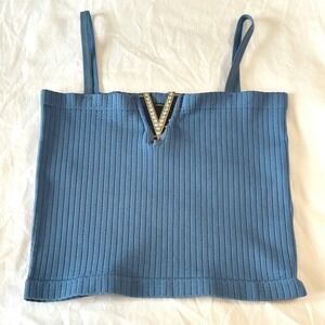 Jera Blue Ribbed Knit V Neck Rhinestone Embellished Crop Top Tank